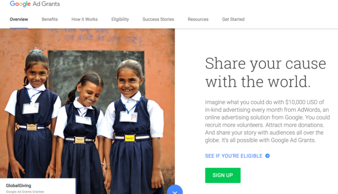 The homepage of the Google Ads Grant, published to 