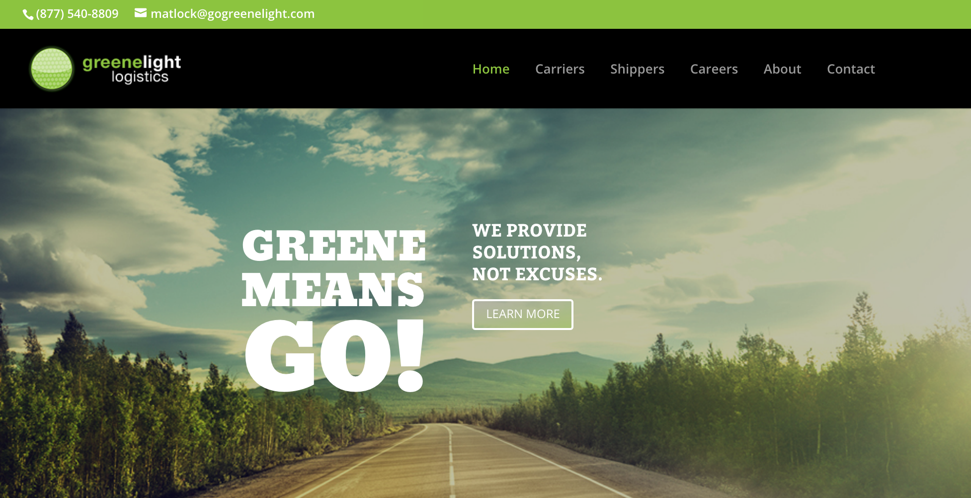 The homepage of the Greenelight Logistics website, published to: "Web Design, WordPress, Graphic Design, and Writing for Greenelight Logistics"