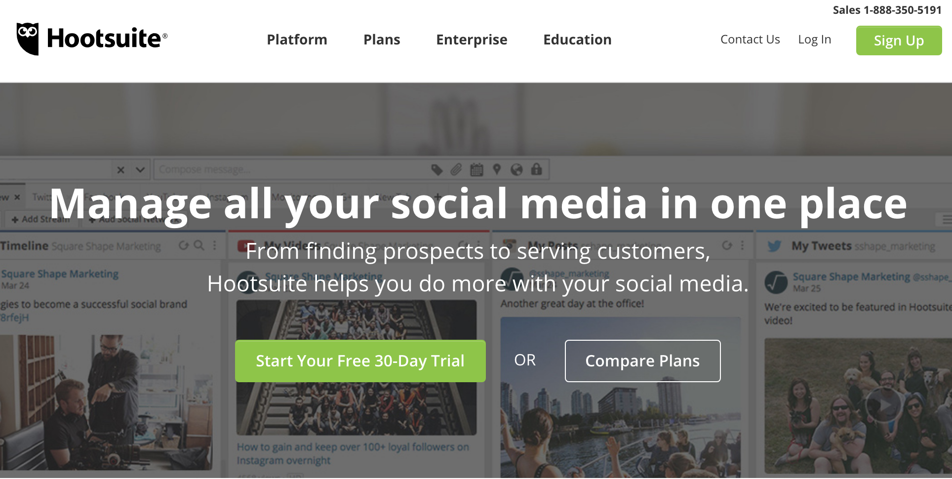 The Hootsuite homepage, published to: "Using Hootsuite to Promote Your Small Business or Non-Profit"