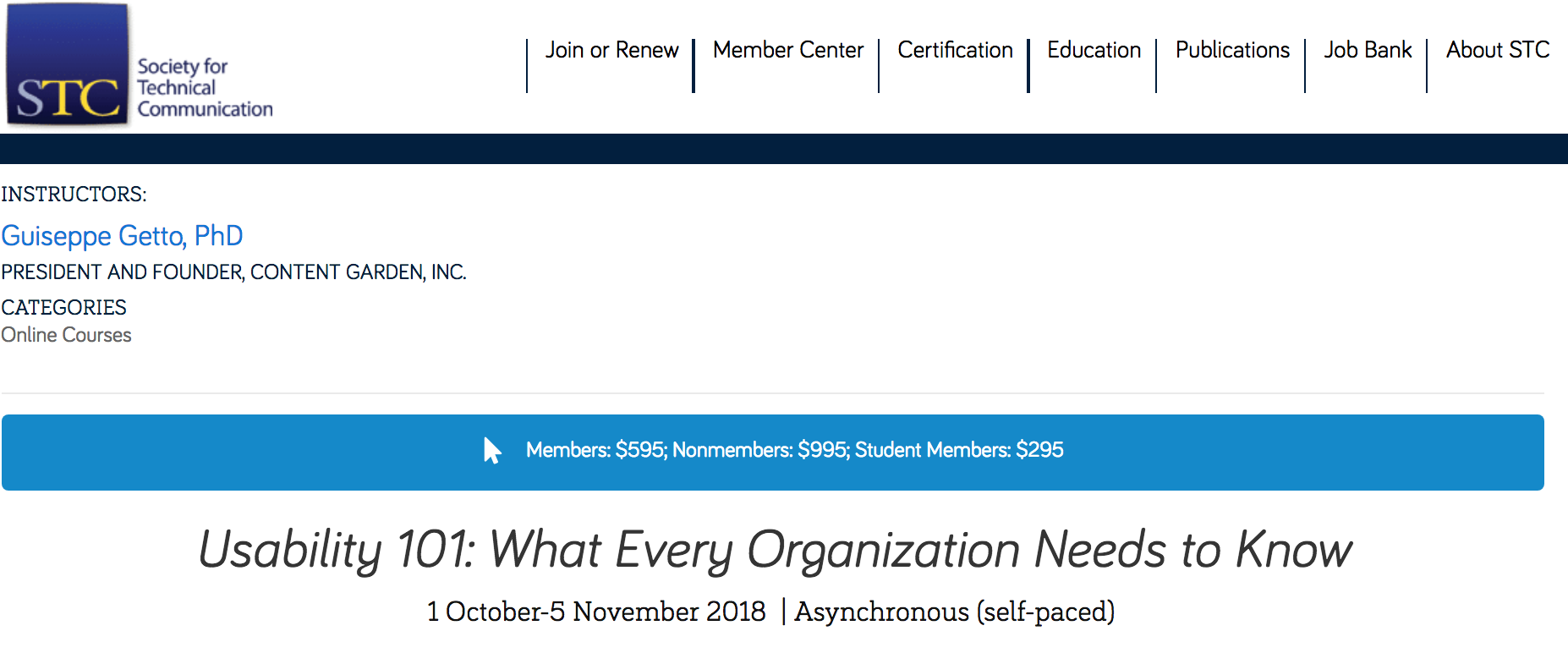 A screenshot of the signup for the Usability 101 class for the STC, published to: "Learn Usability: Online Class for the Society for Technical Communication"