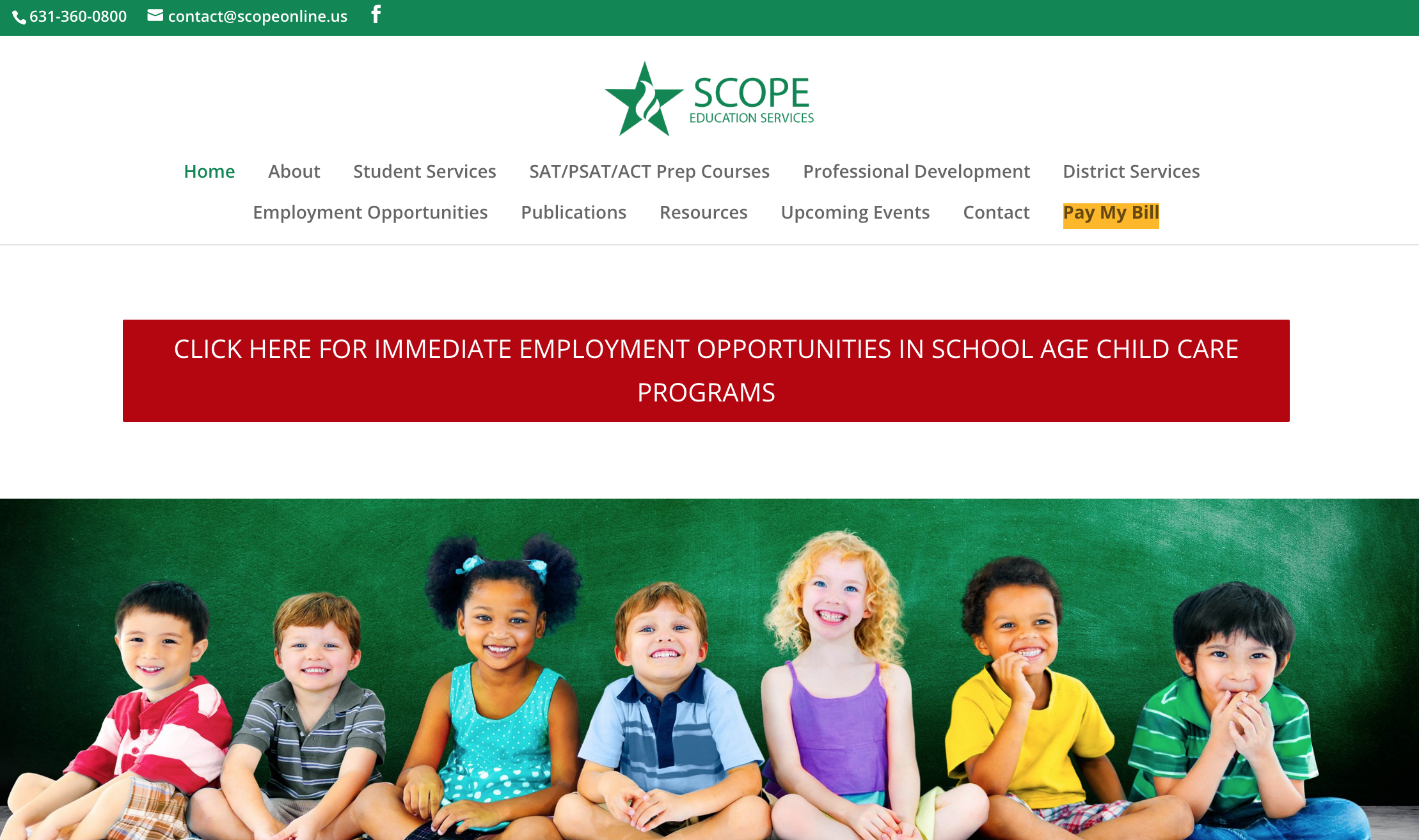 A screenshot of the SCOPE Education Services homepage, published to: "Web Design, WordPress, SEO, Writing, and Graphic Design for SCOPE Education Services"