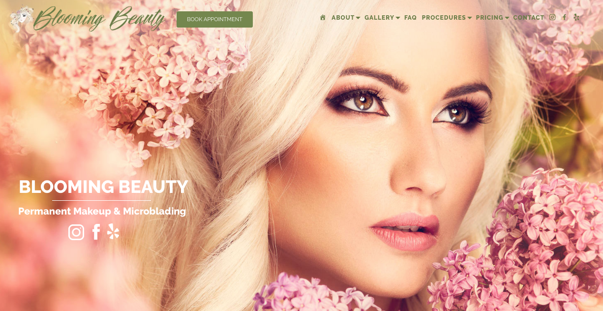 A screenshot of the homepage for Blooming Beauty, published to: "Content Strategy, SEO, and AdWords for Blooming Beauty"