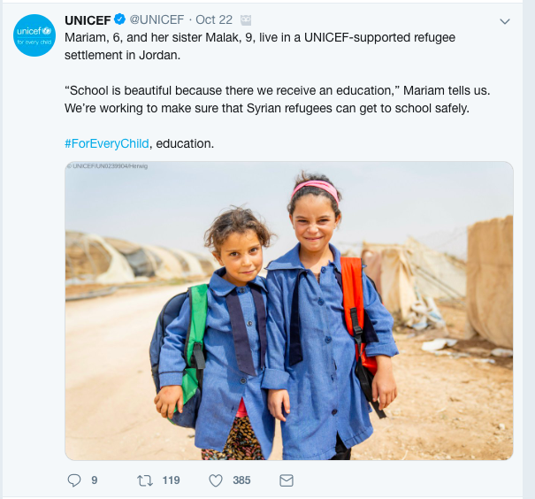 Screen Shot of UNICEF Twitter, published to: "Non-Profit Social Media Ideas: 3 Organizations Who Are Killing It"