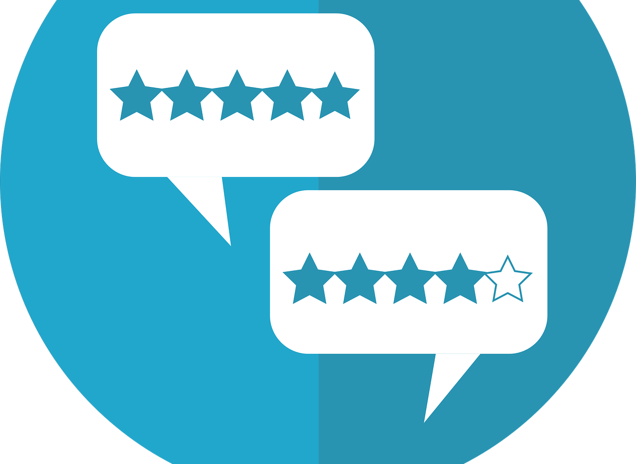 Two dialogue bubbles, one with a 4-star rating in it and one with a 5-star rating in it, published to "How to Start a Peer Review Circle to Improve Your Content"