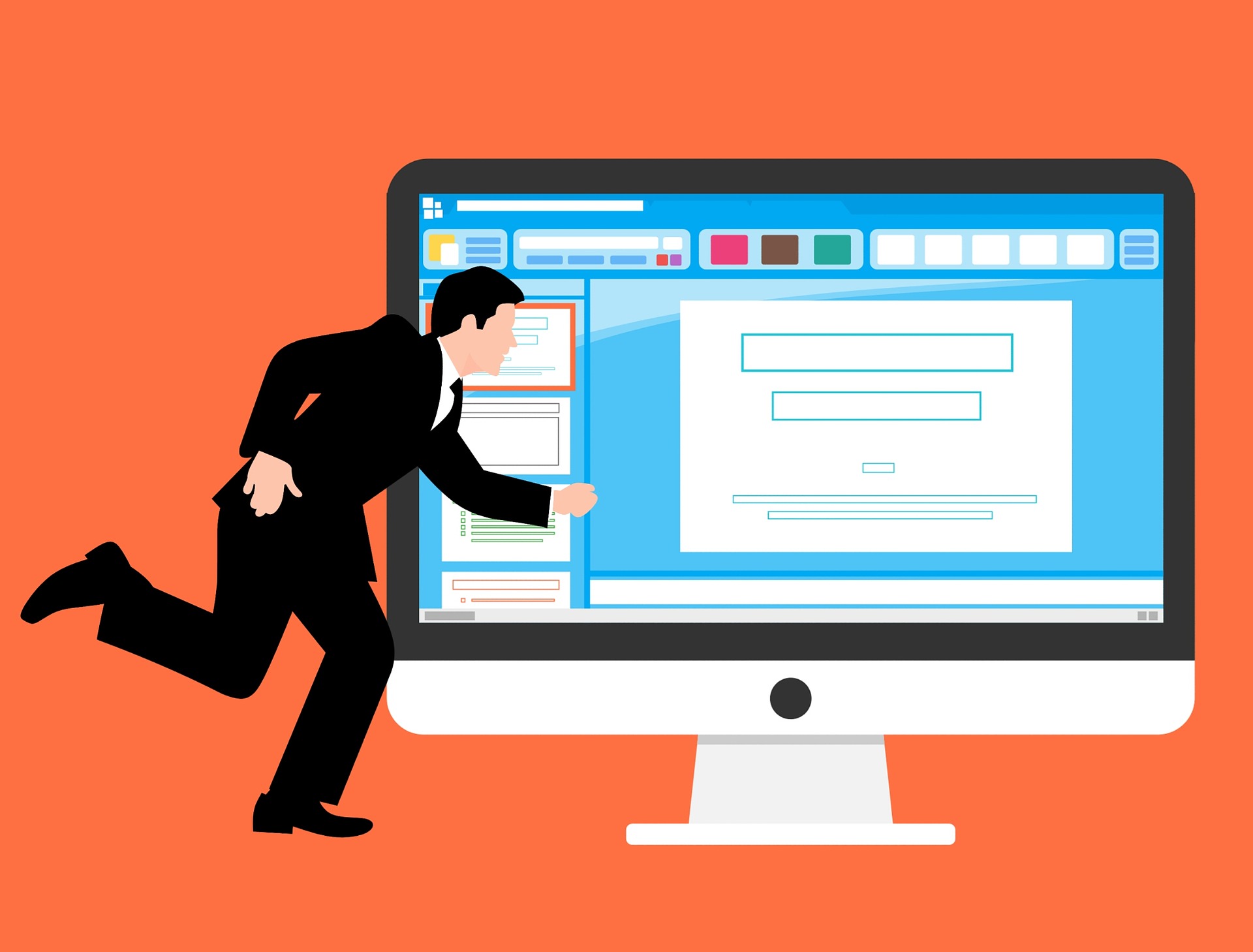 A vector graphic of a man in a suit running toward a website on a computer monitor, published to: "3 Ways to Increase Website Traffic Fast"