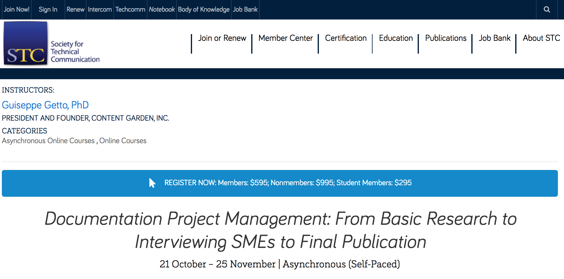 A screenshot of the course on the STC website, published to: "Learn Documentation Project Management: Online Class for the Society for Technical Communication"