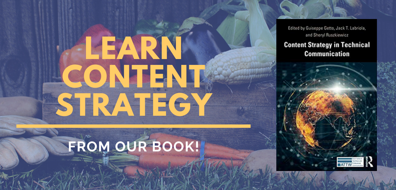 A graphic showing the publication of our book Content Strategy in Technical Communication, published to "Learn Content Strategy From Our Book!"