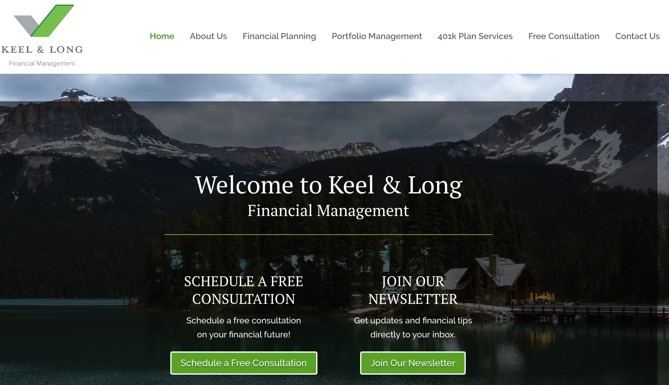 A screenshot of the Keel and Long Financial Management website, published to: "Web Design, WordPress, SEO, Writing, and Graphic Design for Keel and Long Financial Management"